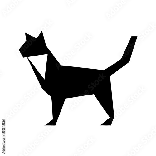 Geometric feline design featuring a stylized black domestic animal with sharp angular shapes and a tail standing 100