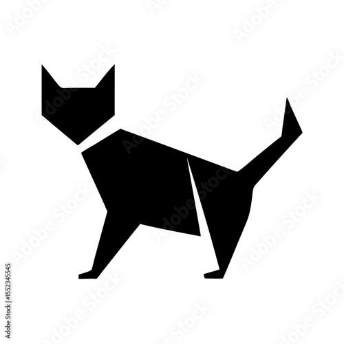 Geometric feline design in solid black showcasing a stylized cat with angular shapes and sharp lines