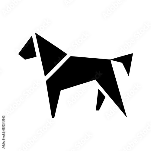 Geometric black shape of a horse with a simple design standing on a white background view side profile