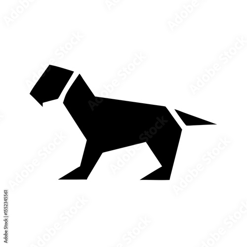 Geometric canine design in solid black standing with a small tail and angular features seen in profile view