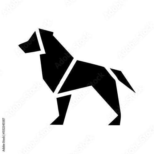 Geometric animal design featuring a canine standing in profile with sharp angular shapes and a tail wagging