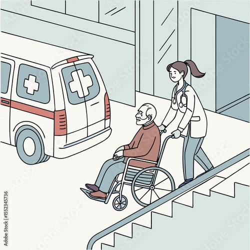Nurse Helping Patient onto Wheelchair Ramp – Flat Vector for Medical Transport, Mobility Services, and Elderly Care Solutions

