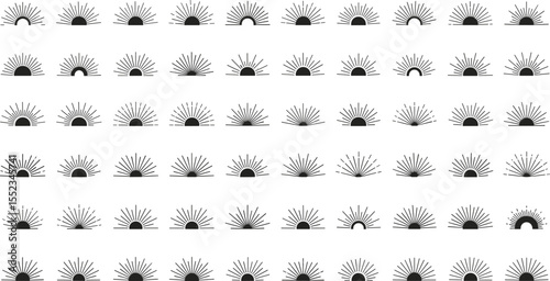 Sun rise set, sunset vector icons, sunburst rays collection