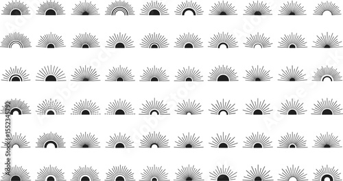 Sun rise set, sunset vector icons, sunburst rays collection