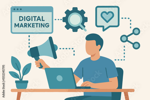 Flat vector illustration of a man holding a megaphone while working on a laptop, representing digital marketing, online promotion, social media strategy, and content engagement in modern marketing.