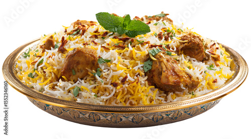 Delicious chicken biryani served in a golden bowl, a flavorful and aromatic South Asian rice dish.