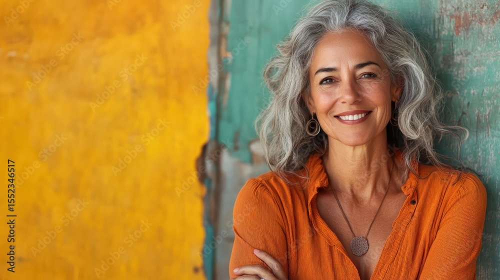 Fototapeta premium A smiling gray-haired woman poses against a vibrant backdrop, radiating warmth and confidence while reflecting a sense of authenticity in a contemporary artistic environment.