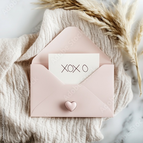 Minimalistic Valentine flat lay with pink envelope and 