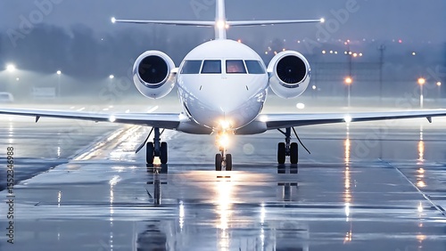 A private jet on a wet tarmac at night with lights reflecting off it