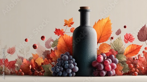Dark grappa bottle artistically highlighted by vibrant autumn leaves