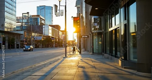 City street bathed in warm sunlight sidewalk and buildings in urban setting. Sunshine casting long shadows. Street with buildings on either side. Street lamp post at sunset