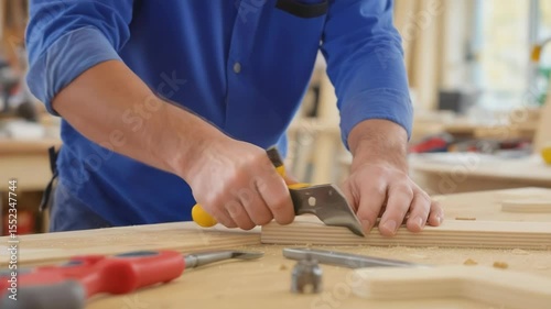 Carpenter Shaping Wood with Utility Knife in Workshop