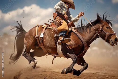 A dramatic moment from a country rodeo showing a saddle bronc rider mid-ride, capturing the energy, motion, and traditional western style of the event.