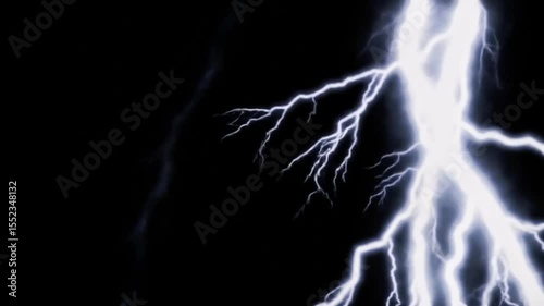 Lightning Strike on Black Background Electric Storm Visual Effect flashing across a dark sky, ideal for weather effects, sci-fi scenes, or dramatic transitions.