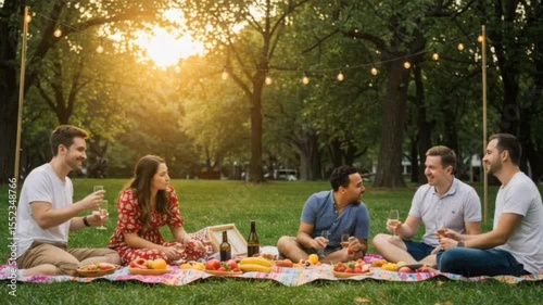 Group of friends having sunset picnic in park with fruits and drinks under string lights, seamless looping 4k time-lapse animation video background. Lifestyle concept
