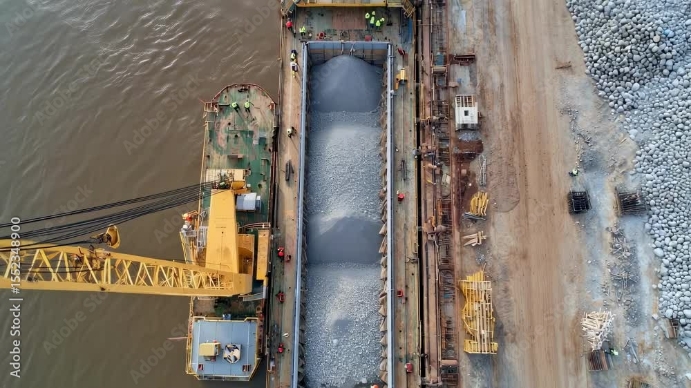 An aerial view of a hopper barge docked at a construction site workers in safety gear skillfully operating cranes to unload an abundant supply of aggregates onto waiting trucks. An aerial view of a hopper barge docked at a construction site workers in safety gear skillfully operating cranes to unload an abundant supply of aggregates onto waiting trucks.