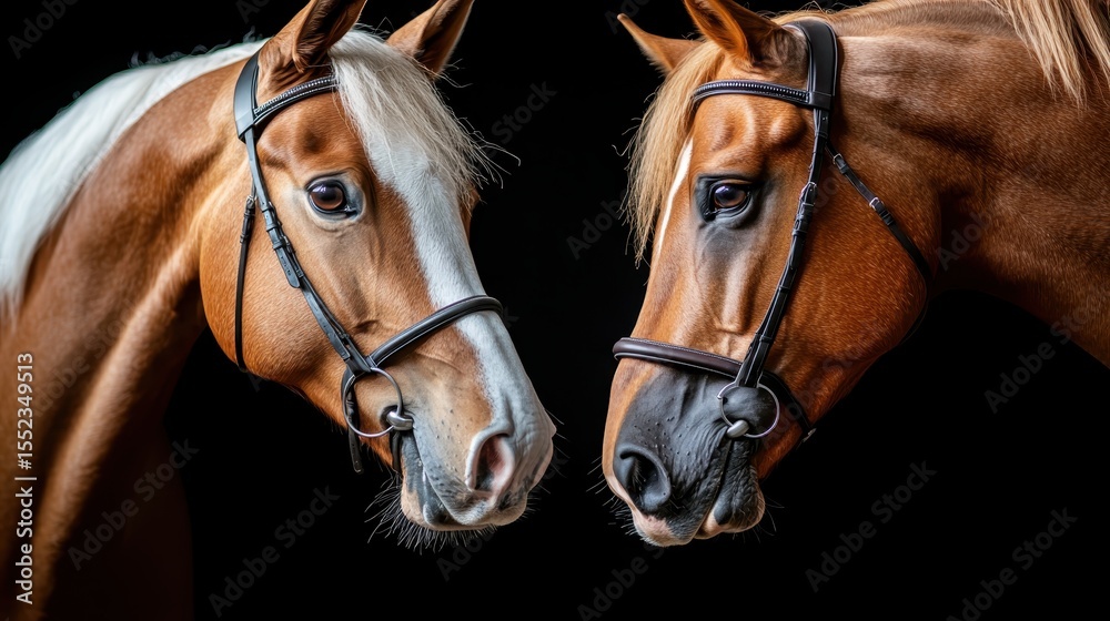 Obraz premium A captivating moment of two horses gazing at each other, showcasing their beauty and grace in a strikingly elegant and intimate manner against a dark backdrop.