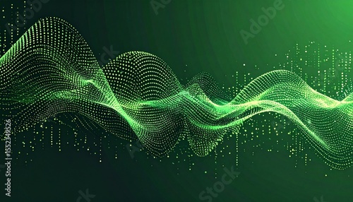 Abstract Vector Green Cyberpunk Halftone Sound Wave. Scrathed Dotted Texture Element.