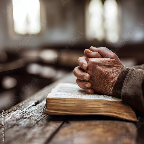 Close-up of clasped hands in prayer over open Bible on rustic wooden bench