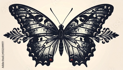 Vector Butterfly Stencil Element. Elegant Insect Ornament Design. Vintage Arabesque M