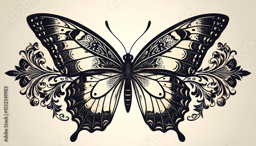 Vector Butterfly Stencil Element. Elegant Insect Ornament Design. Vintage Arabesque M