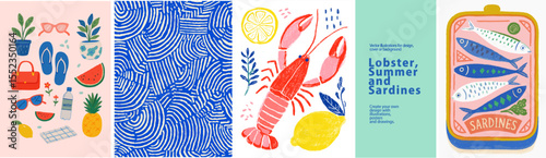 Summer in Italy: Vector art capturing summer with Italian sea theme with seafood, beach, sunglasses. Perfect for posters or any summer Italian design