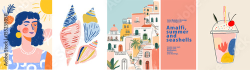 Summer Treats! Vector illustrations of a cocktail, shell, sardines & lobster. Perfect for summer designs, seafood themes, and coastal vibes. Fresh, bright & playful!