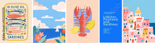 Coastal Flavors! Vector illustrations of sardines, lobster & Positano. Perfect for Italian-themed posters, seafood menus, & vibrant summer designs. Fresh & stylish!
