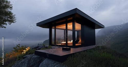 Exterior view of a modern house with large windows overlooking a misty mountain landscape. A tree in the foreground and warm interior lighting contrast with the cool, overcast atmosphere