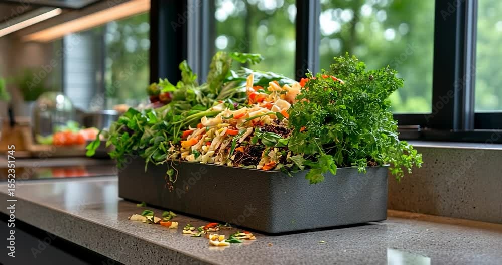 Video of a kitchen counter with fresh herbs and vegetables in a stone planter box with blurred background and natural light