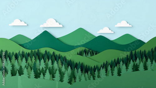 Misty mountains and lush green forest in paper cut style