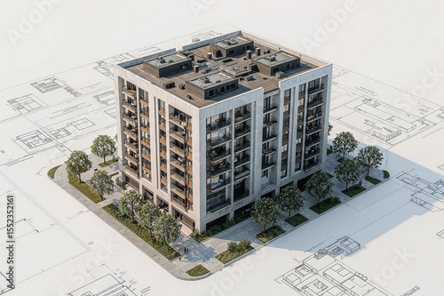 Contemporary apartment building 3d model on blueprints