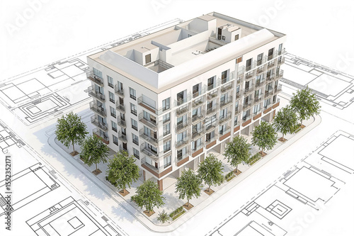 Sleek modern apartment building 3d model with blueprints