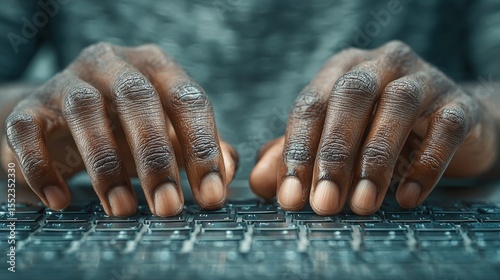 Close-up of dark-skinned hands typing on a keyboard.  Focus on textured skin and deliberate keystrokes.