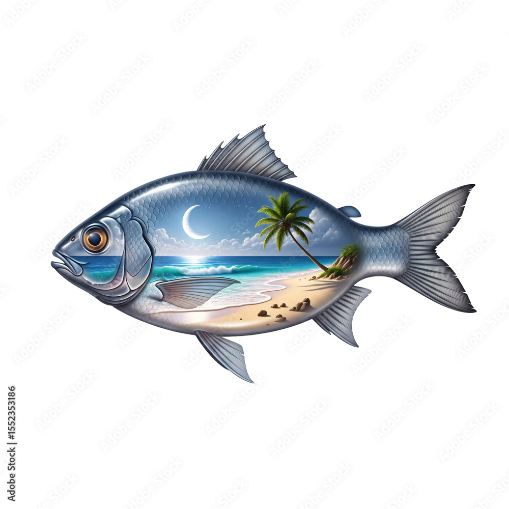 Fototapeta premium Tropical Beach Dreamscape Inside a Fish Silhouette