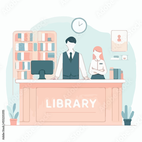 image of a librarian standing behind an information desk with a simple and minimalist flat design using a white background