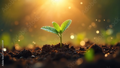 Close-up of new plant growth. Green leaves with raindrops, sunlight creates warm glow. Natural beauty of germ bud, earth, spring, freshness, moisture, eco-friendly.