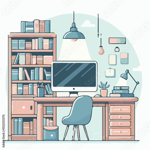 image of a library table with a computer and reading chair with a simple and minimalist flat design using a white background