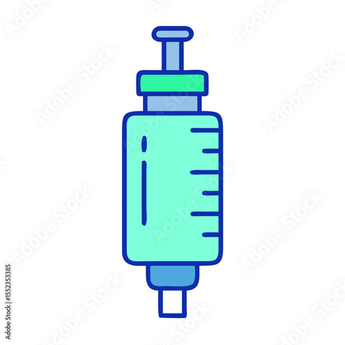 Minimal syringe pump front view icon in blue and green colors for medical applications
