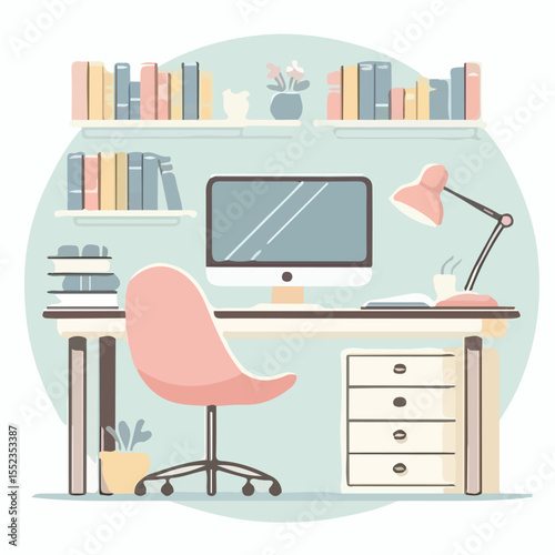 image of a library table with a computer and reading chair with a simple and minimalist flat design using a white background