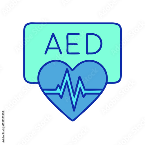 AED with heart symbol icon representing medical equipment in flat design with blue and turquoise colors, copy space