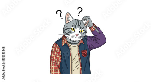 Confused cat cartoon illustration of a cat scratching its head with question marks above its head image vector
