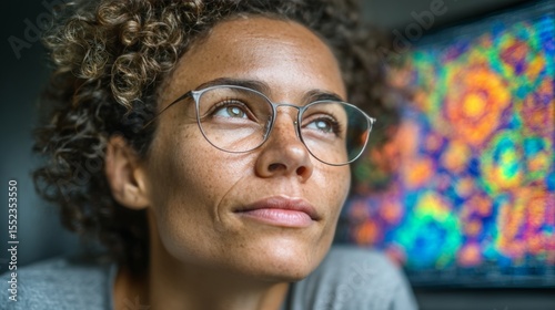 A thoughtful woman with curly hair and glasses gazes upward, lost in contemplation. Her expression reflects a mix of curiosity and wonder.