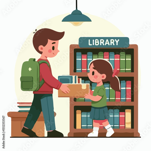image of a child returning a book to a library shelf with a simple and minimalist flat design using a white background