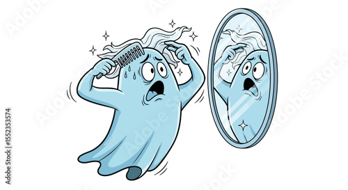 Scared ghost brushing hair in mirror illustration, funny halloween ghost cartoon character design drawing art vector