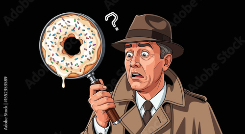 Detective investigates a donut with magnifying glass in funny food mystery cartoon illustration art style vector