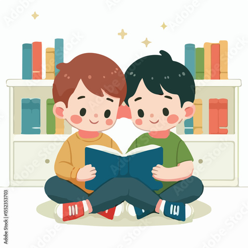 image of two children sitting side by side reading books in a library with a simple and minimalist flat design using a white background