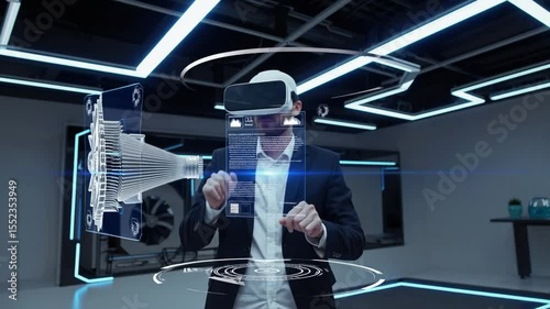 Innovative display of 3D technology in a modern office setting focusing on a virtual turbine model during a design session