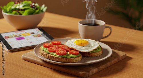 Delicious Breakfast with Avocado Toast, Eggs, Fresh Tomatoes, Coffee, and Salad in a Cozy Setting