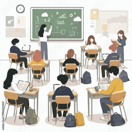 image of several students sitting on classroom benches while studying with a simple and minimalist flat design using a white background